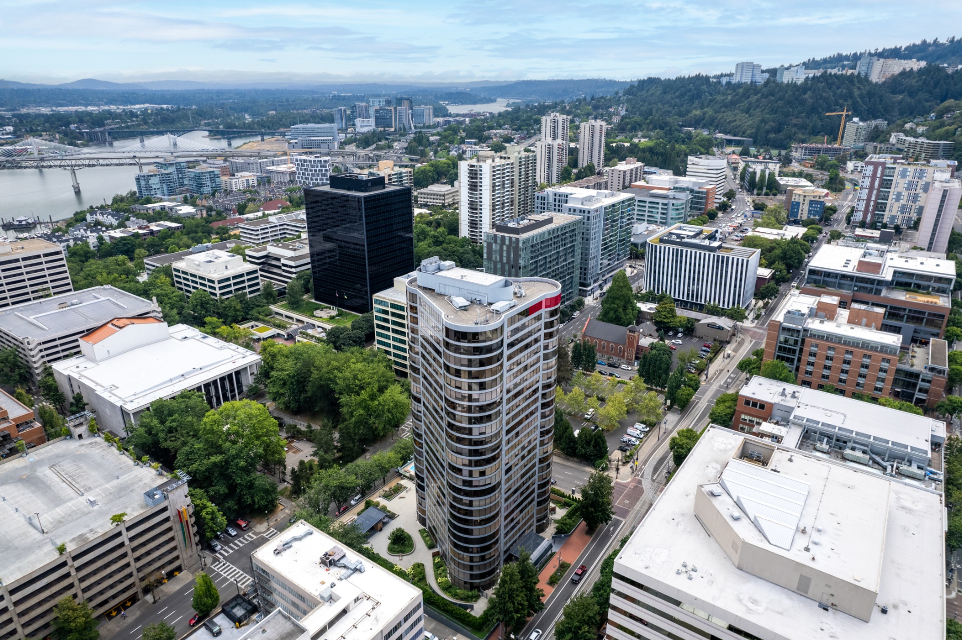 Aerial view of Portland Plaza Condos tower in downtown Portland, Oregon
